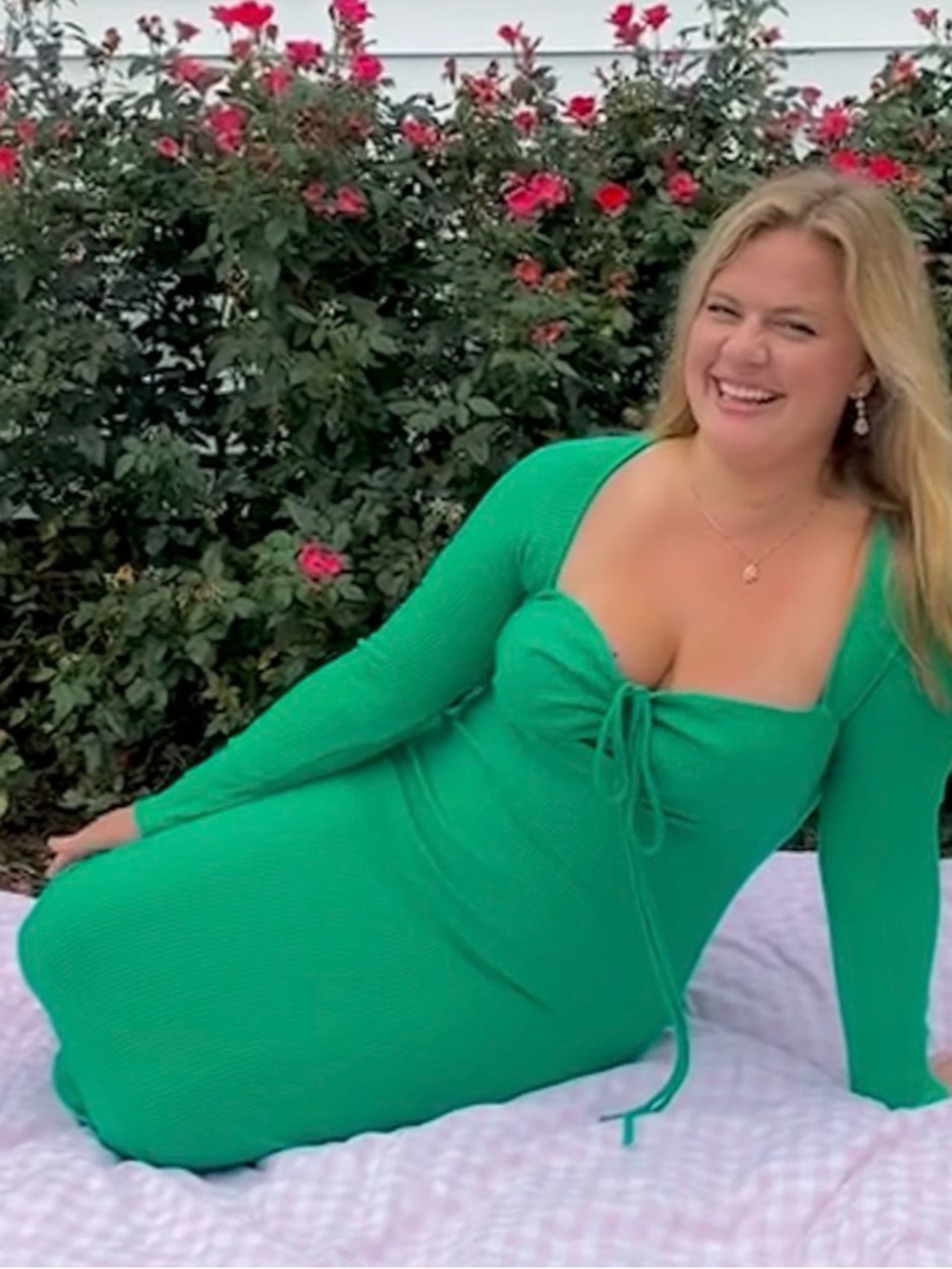 Zara Emerald Green Ribbed Tie-Front Long Sleeve Midi Sweater Dress